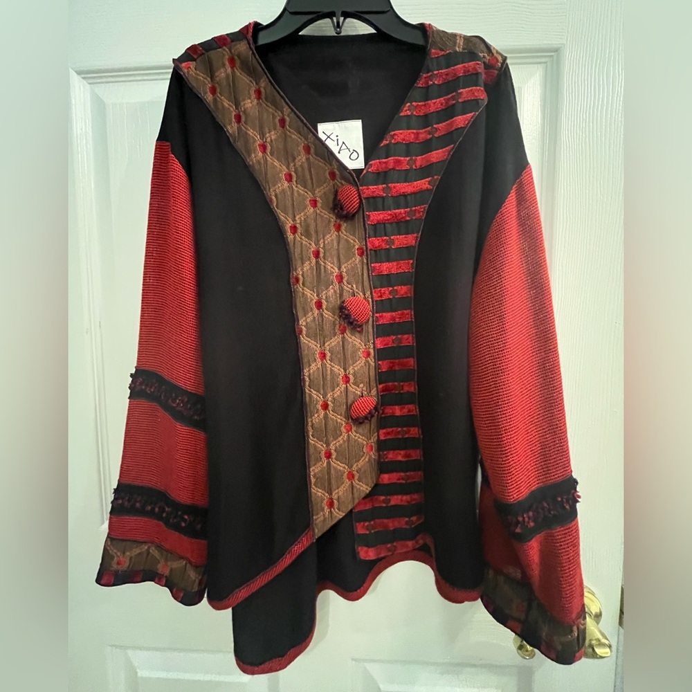 XIAO Vintage Women's Red and Black Embroidered Asymmetrical Top Size L